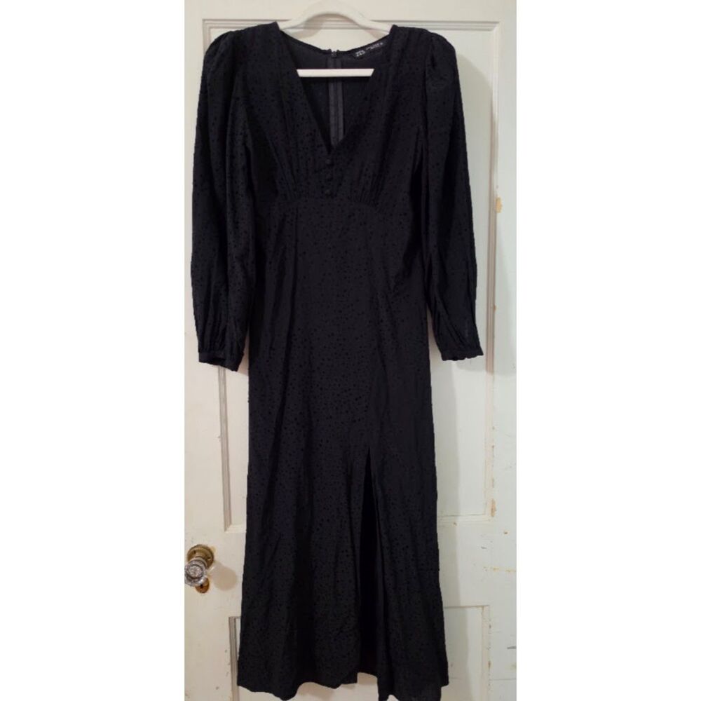 Zara MIDI Dress Polka Dot Empire Waist Black Sz M boho witch